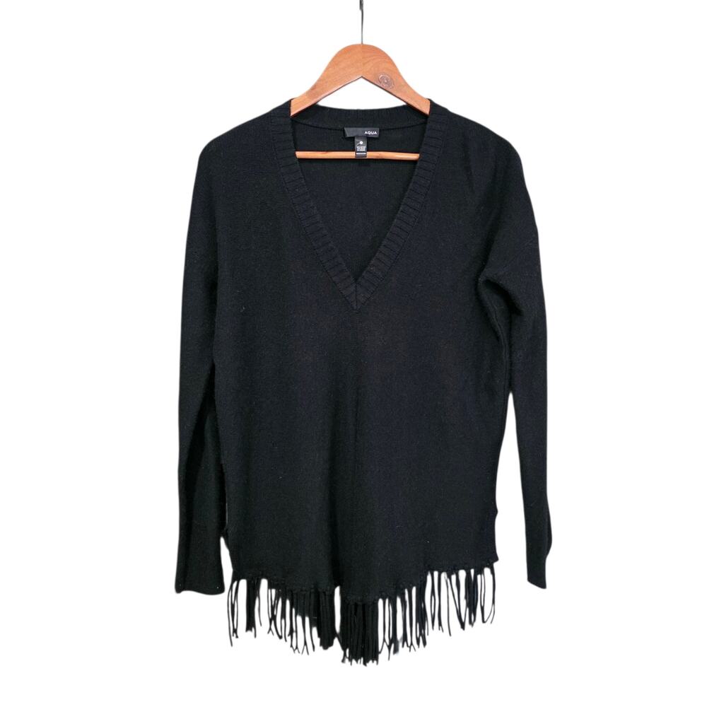 Aqua V-Neck Fringe Hem Sweater Black Size S